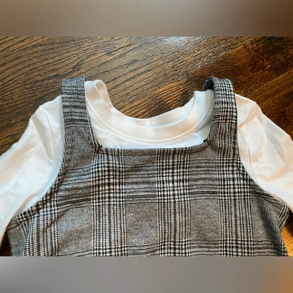 Plaid Pinafore Dress with White Long Sleeve Top mix match toddler girl 4T school